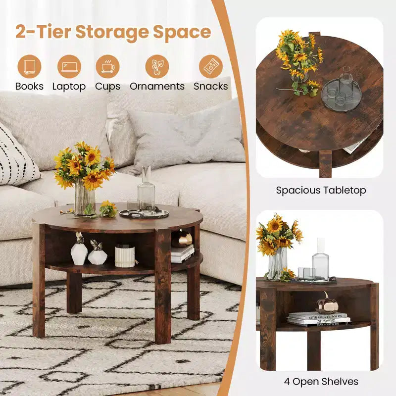Costway Round Coffee Table 29.5 Center Table with Storage Shelves for Living Room Rustic Brown