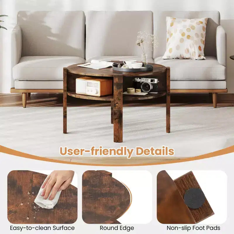 Costway Round Coffee Table 29.5 Center Table with Storage Shelves for Living Room Rustic Brown