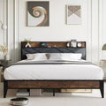 King Size Metal Bed Frame with Charging Station, Tufted Headboard, Storage Shelf, Metal Slats, Platform Design, No Box Spring Required.