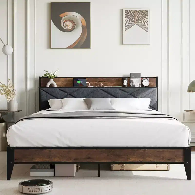King Size Metal Bed Frame with Charging Station, Tufted Headboard, Storage Shelf, Metal Slats, Platform Design, No Box Spring Required.
