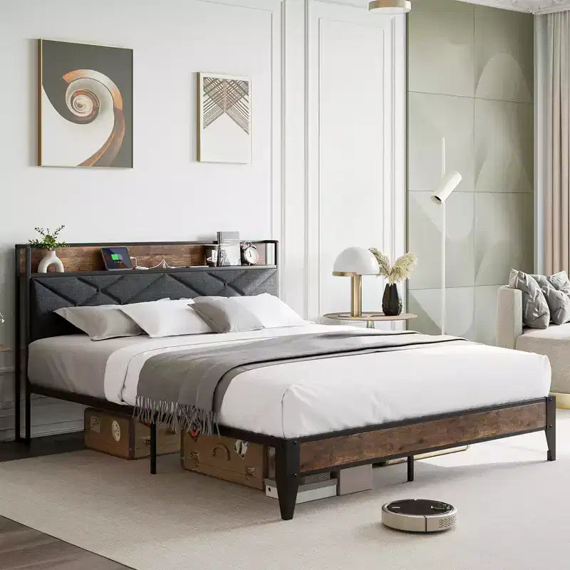 King Size Metal Bed Frame with Charging Station, Tufted Headboard, Storage Shelf, Metal Slats, Platform Design, No Box Spring Required.