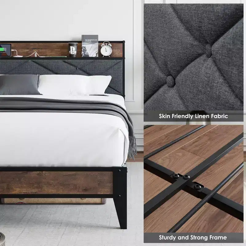 King Size Metal Bed Frame with Charging Station, Tufted Headboard, Storage Shelf, Metal Slats, Platform Design, No Box Spring Required.