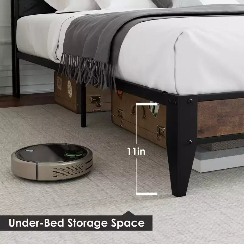 King Size Metal Bed Frame with Charging Station, Tufted Headboard, Storage Shelf, Metal Slats, Platform Design, No Box Spring Required.