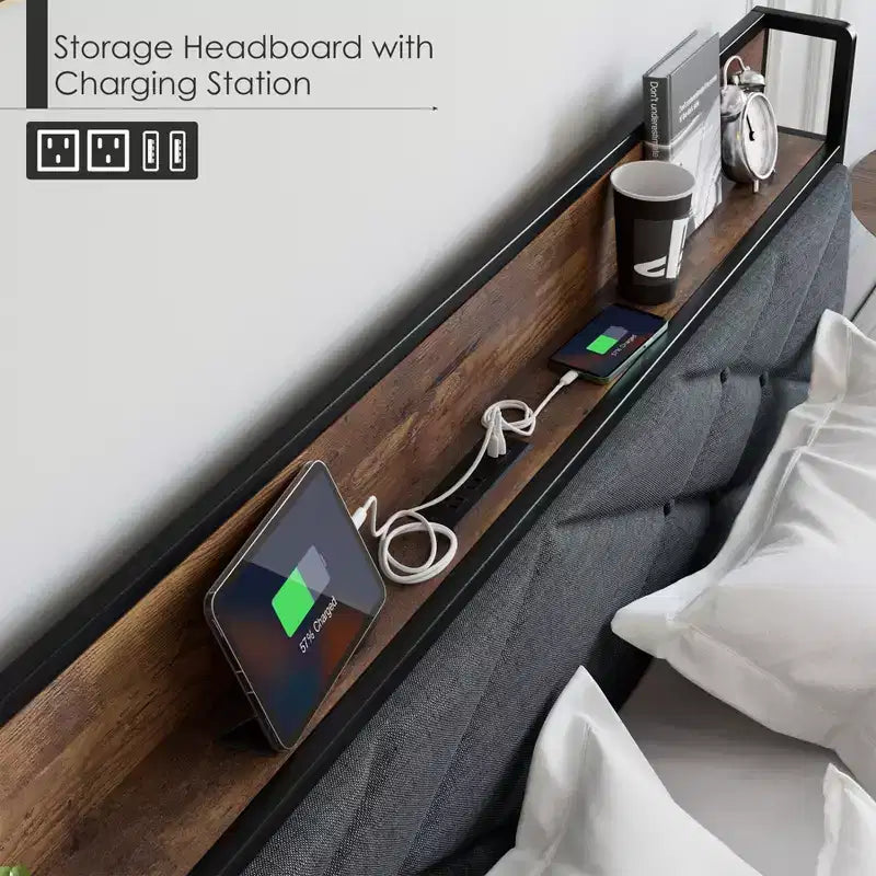 King Size Metal Bed Frame with Charging Station, Tufted Headboard, Storage Shelf, Metal Slats, Platform Design, No Box Spring Required.