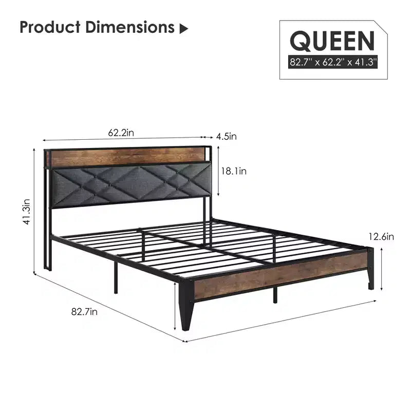 King Size Metal Bed Frame with Charging Station, Tufted Headboard, Storage Shelf, Metal Slats, Platform Design, No Box Spring Required.