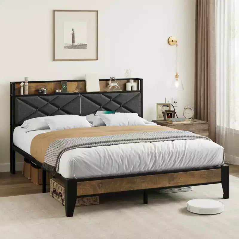 King Size Metal Bed Frame with Charging Station, Tufted Headboard, Storage Shelf, Metal Slats, Platform Design, No Box Spring Required.