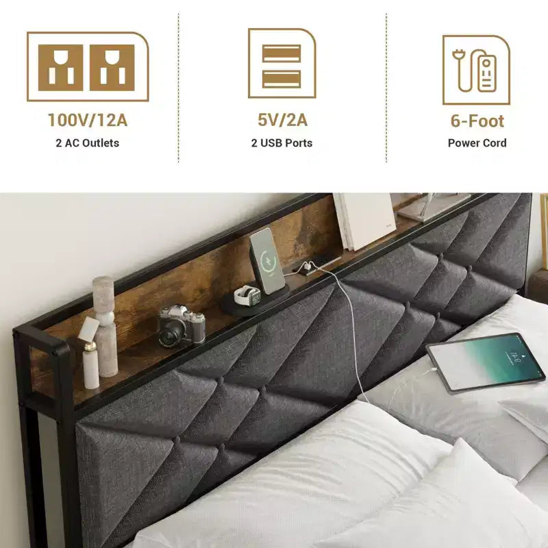 King Size Metal Bed Frame with Charging Station, Tufted Headboard, Storage Shelf, Metal Slats, Platform Design, No Box Spring Required.