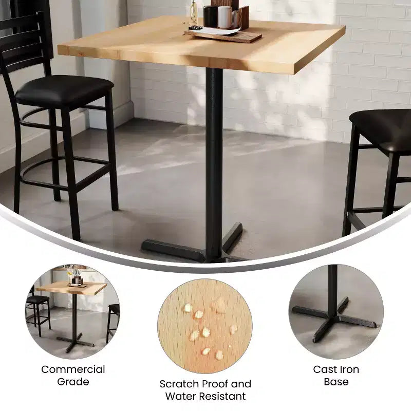 Flash Furniture Bennett Square Solid Wood Commercial Indoor Tabletop with 30 x 30 Bar Height Rust-Resistant Cast Iron X-Base