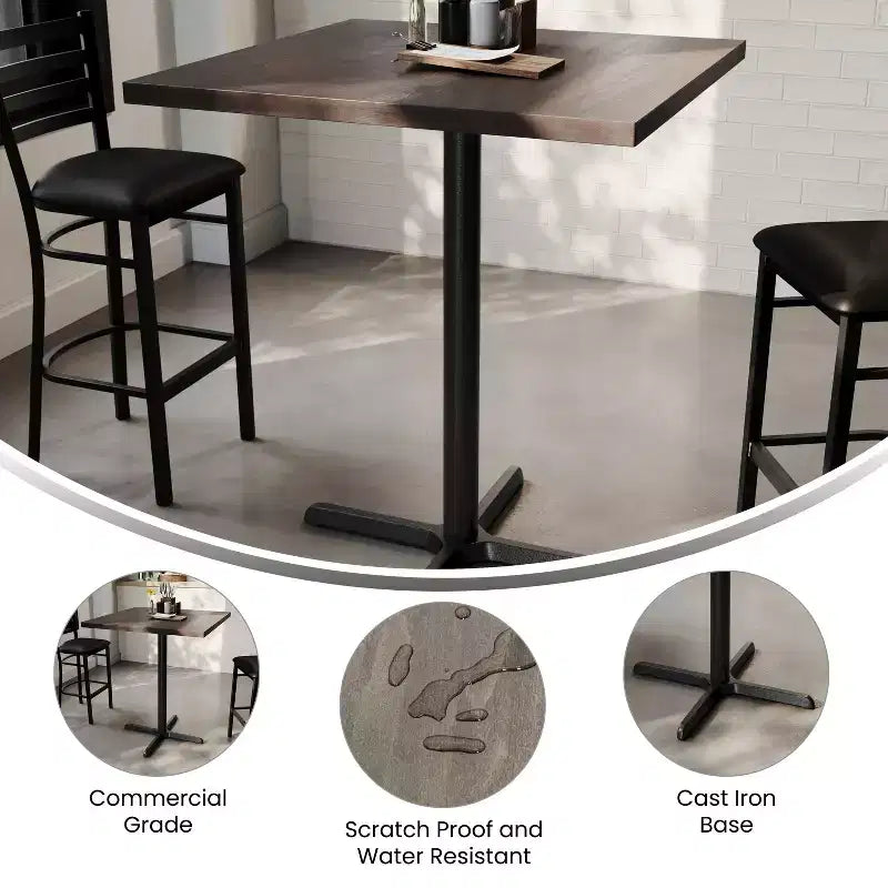Flash Furniture Bennett Square Solid Wood Commercial Indoor Tabletop with 30 x 30 Bar Height Rust-Resistant Cast Iron X-Base