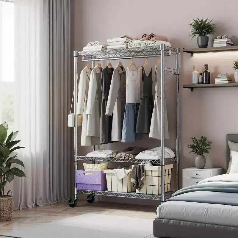 Okak Heavy Duty Metal Coat Rack with Wheels, Freestanding Hall Tree with 1 Hang Rod and Adjustable Shelves, Coat Tree for Bedroom, Chrome