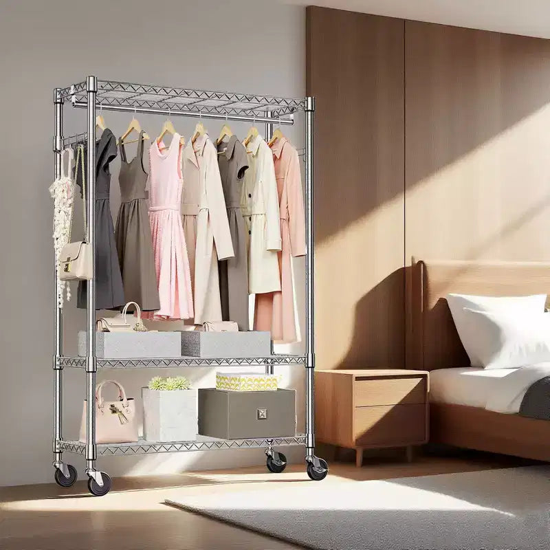 Okak Heavy Duty Metal Coat Rack with Wheels, Freestanding Hall Tree with 1 Hang Rod and Adjustable Shelves, Coat Tree for Bedroom, Chrome