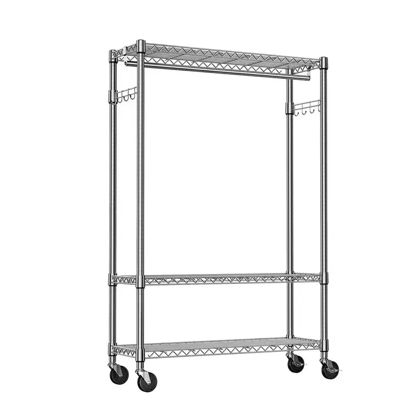Okak Heavy Duty Metal Coat Rack with Wheels, Freestanding Hall Tree with 1 Hang Rod and Adjustable Shelves, Coat Tree for Bedroom, Chrome