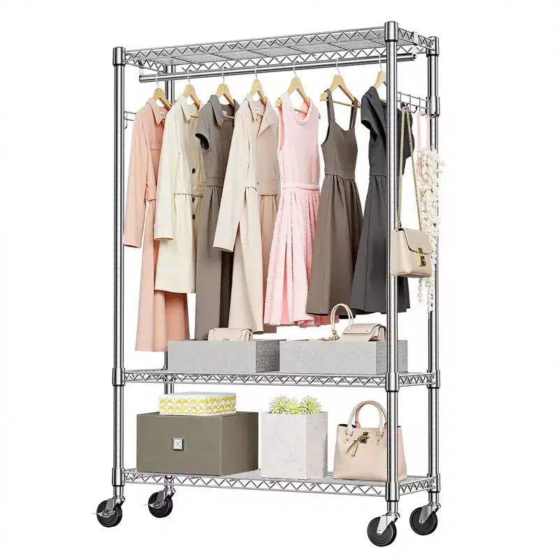 Okak Heavy Duty Metal Coat Rack with Wheels, Freestanding Hall Tree with 1 Hang Rod and Adjustable Shelves, Coat Tree for Bedroom, Chrome