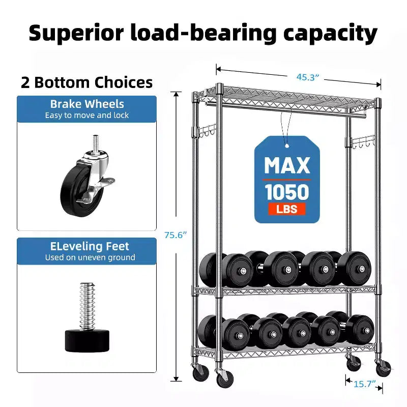 Okak Heavy Duty Metal Coat Rack with Wheels, Freestanding Hall Tree with 1 Hang Rod and Adjustable Shelves, Coat Tree for Bedroom, Chrome