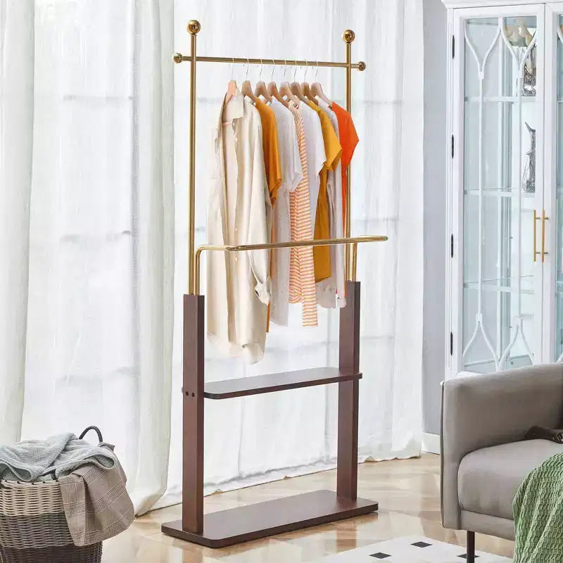 Okak Elegent Stainless Steel Coat Rack with Solid Wood Double-Layer, Multifunction Hall Tree, Storage Rack for Living Room, Entryway, Gold+Walnut