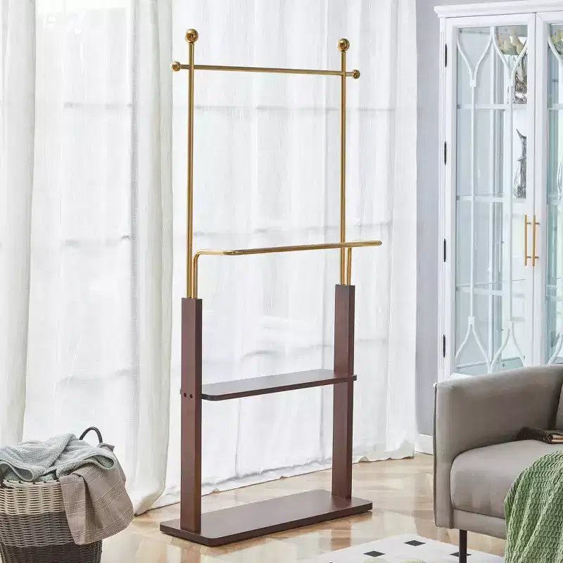 Okak Elegent Stainless Steel Coat Rack with Solid Wood Double-Layer, Multifunction Hall Tree, Storage Rack for Living Room, Entryway, Gold+Walnut