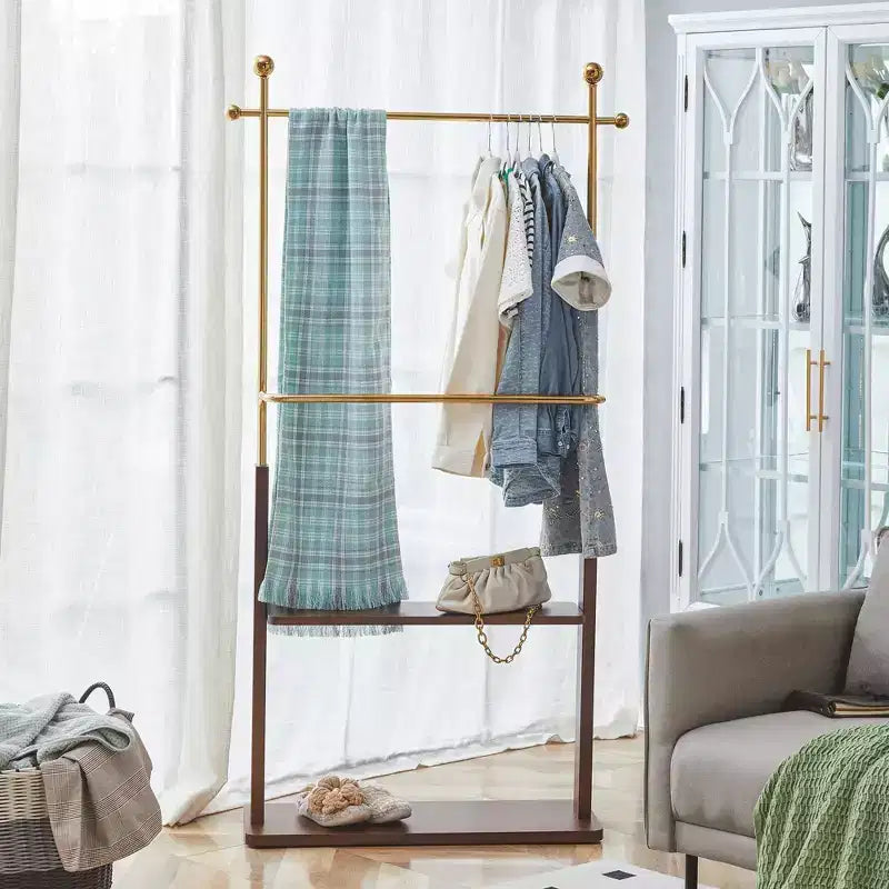 Okak Elegent Stainless Steel Coat Rack with Solid Wood Double-Layer, Multifunction Hall Tree, Storage Rack for Living Room, Entryway, Gold+Walnut