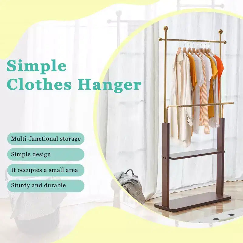Okak Elegent Stainless Steel Coat Rack with Solid Wood Double-Layer, Multifunction Hall Tree, Storage Rack for Living Room, Entryway, Gold+Walnut