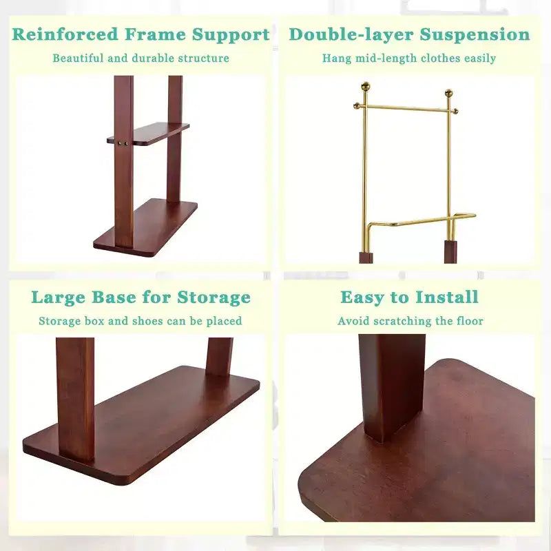 Okak Elegent Stainless Steel Coat Rack with Solid Wood Double-Layer, Multifunction Hall Tree, Storage Rack for Living Room, Entryway, Gold+Walnut
