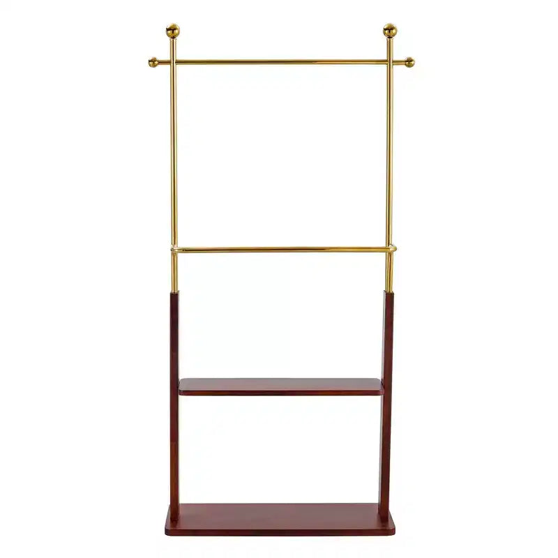 Okak Elegent Stainless Steel Coat Rack with Solid Wood Double-Layer, Multifunction Hall Tree, Storage Rack for Living Room, Entryway, Gold+Walnut
