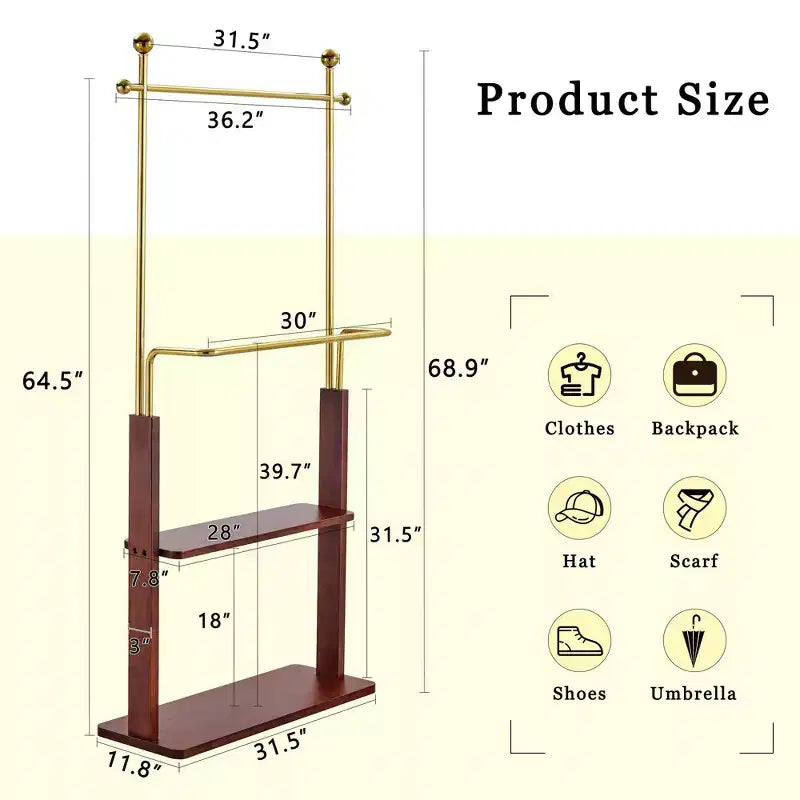 Okak Elegent Stainless Steel Coat Rack with Solid Wood Double-Layer, Multifunction Hall Tree, Storage Rack for Living Room, Entryway, Gold+Walnut