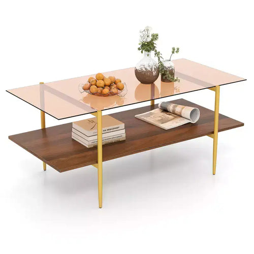 Costway 2-Tier Glass Coffee Table w/ Tampered Glass Tabletop & Open Storage Shelf