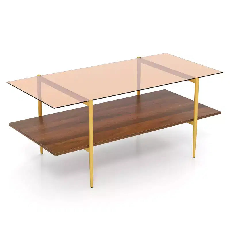 Costway 2-Tier Glass Coffee Table w/ Tampered Glass Tabletop & Open Storage Shelf