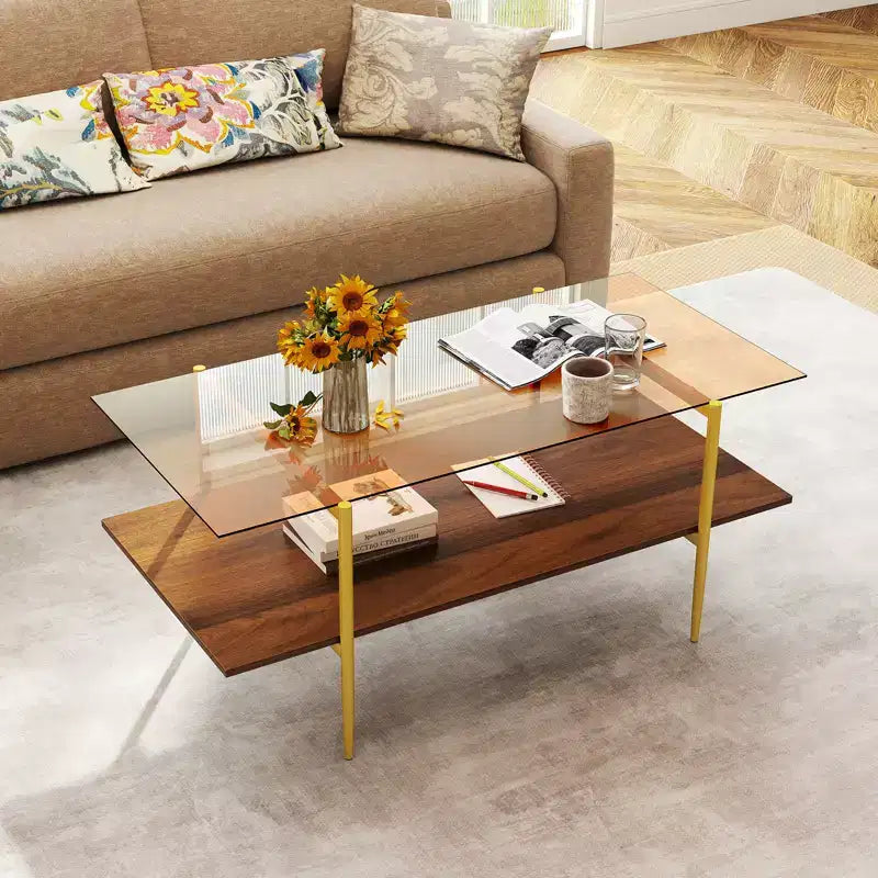 Costway 2-Tier Glass Coffee Table w/ Tampered Glass Tabletop & Open Storage Shelf