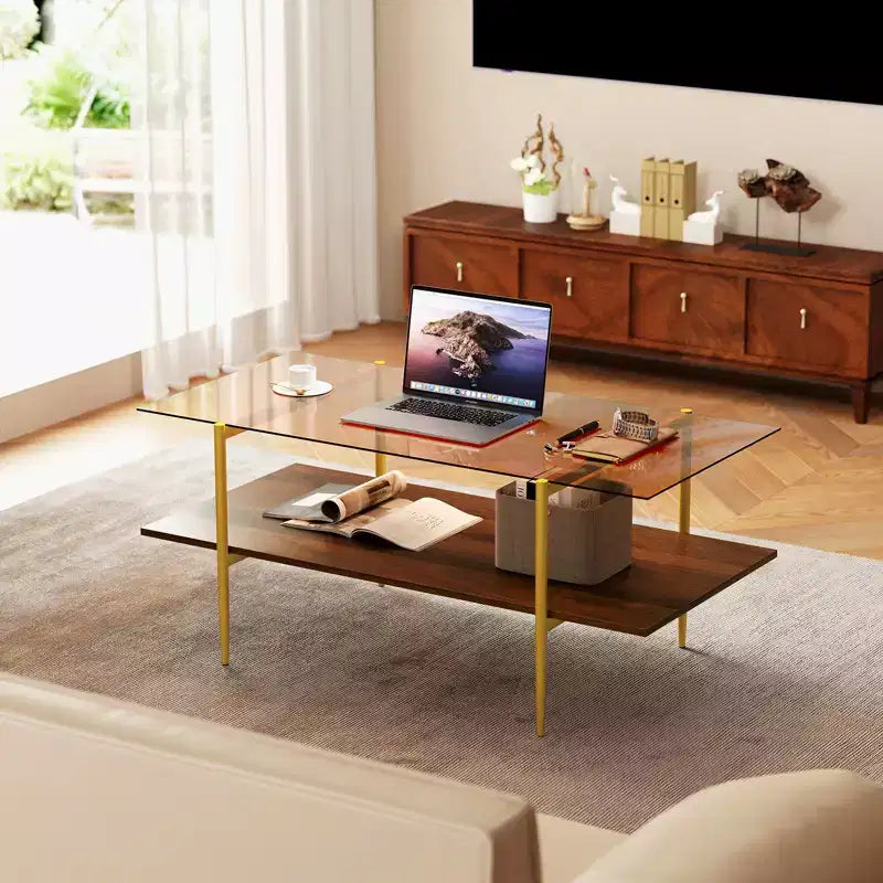 Costway 2-Tier Glass Coffee Table w/ Tampered Glass Tabletop & Open Storage Shelf