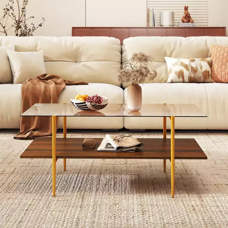 Costway 2-Tier Glass Coffee Table w/ Tampered Glass Tabletop & Open Storage Shelf