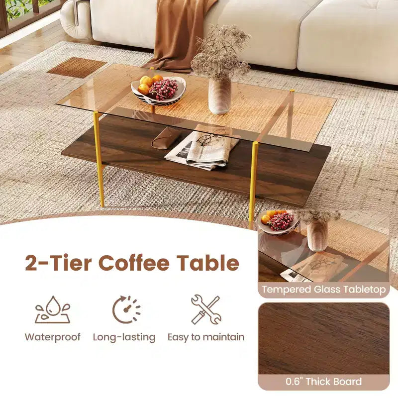 Costway 2-Tier Glass Coffee Table w/ Tampered Glass Tabletop & Open Storage Shelf