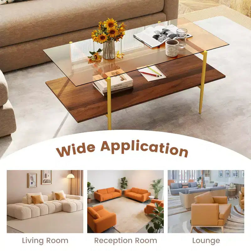 Costway 2-Tier Glass Coffee Table w/ Tampered Glass Tabletop & Open Storage Shelf