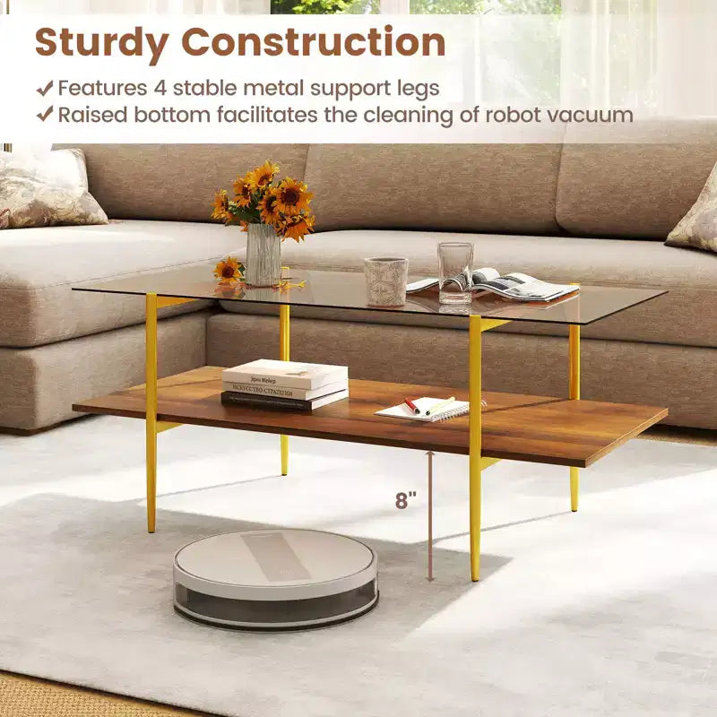 Costway 2-Tier Glass Coffee Table w/ Tampered Glass Tabletop & Open Storage Shelf
