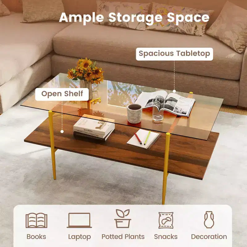 Costway 2-Tier Glass Coffee Table w/ Tampered Glass Tabletop & Open Storage Shelf
