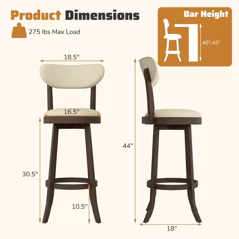 Costway 30.5 Bar Height Chairs Set of 2 Swivel High Barstool w/ Padded Seat & Backrest