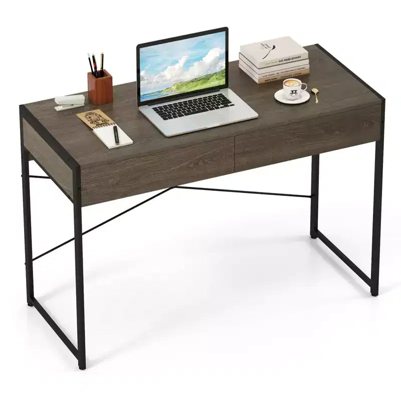 Costway Modern 2-Drawer Computer Desk w/ Reinforced Heavy-Duty Metal Frame Anti-Tip Kit