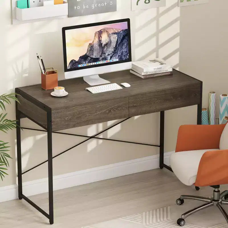 Costway Modern 2-Drawer Computer Desk w/ Reinforced Heavy-Duty Metal Frame Anti-Tip Kit