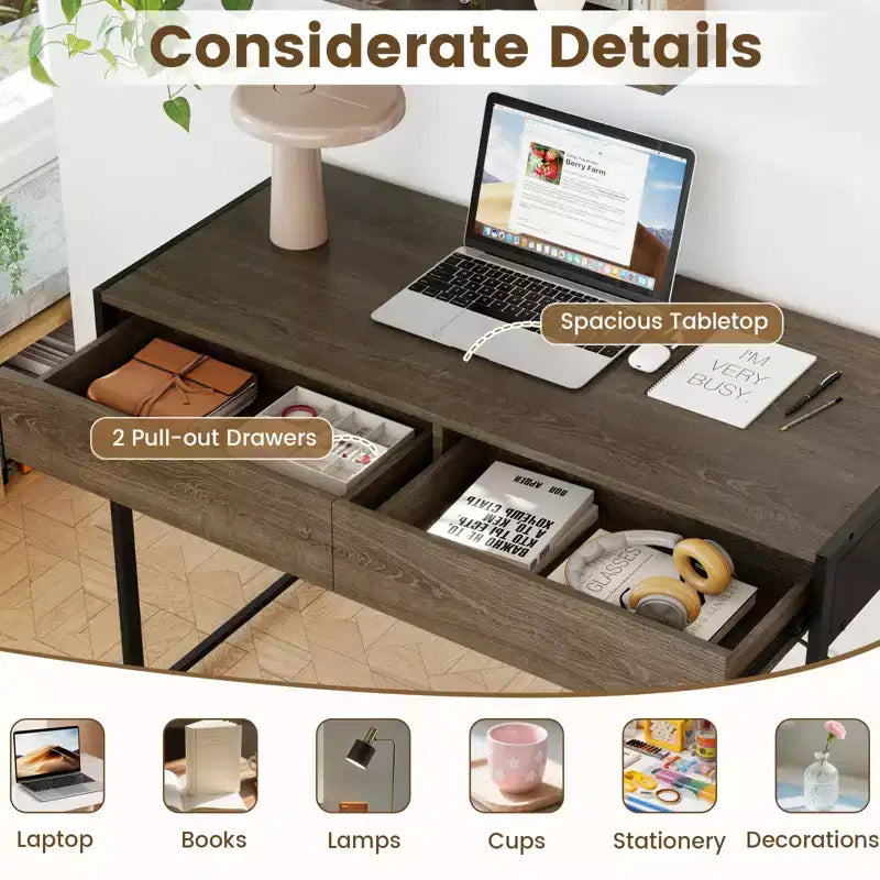 Costway Modern 2-Drawer Computer Desk w/ Reinforced Heavy-Duty Metal Frame Anti-Tip Kit
