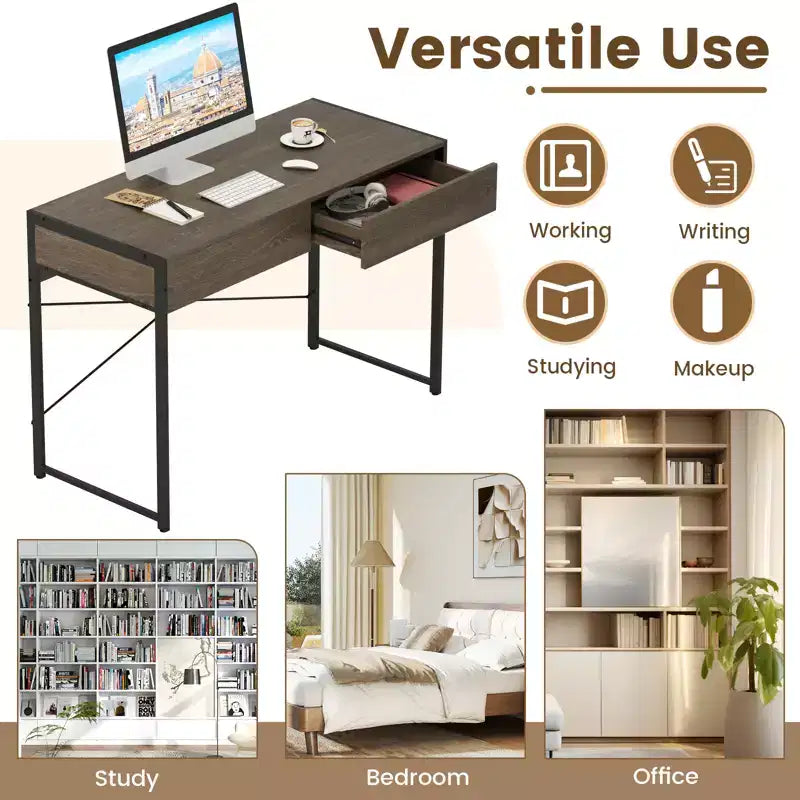 Costway Modern 2-Drawer Computer Desk w/ Reinforced Heavy-Duty Metal Frame Anti-Tip Kit