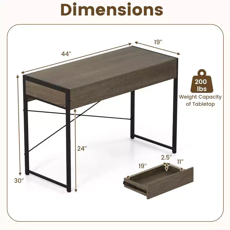 Costway Modern 2-Drawer Computer Desk w/ Reinforced Heavy-Duty Metal Frame Anti-Tip Kit