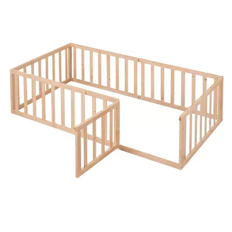 TUYOHW Twin Size Toddler Floor Bed for Kids,Modern Wood Montessori Bed with Heightened Safety Guardrails and Door for Bedroom