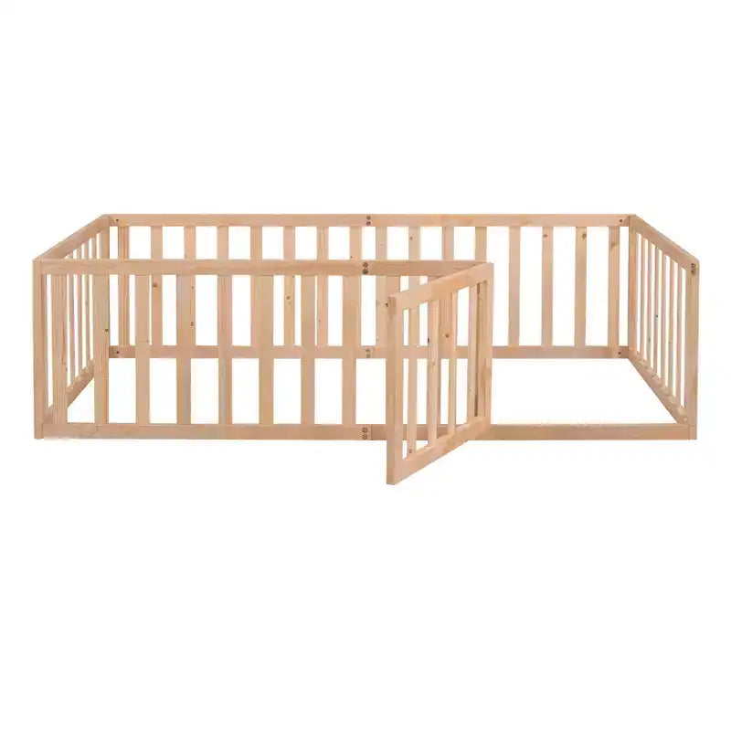 TUYOHW Twin Size Toddler Floor Bed for Kids,Modern Wood Montessori Bed with Heightened Safety Guardrails and Door for Bedroom