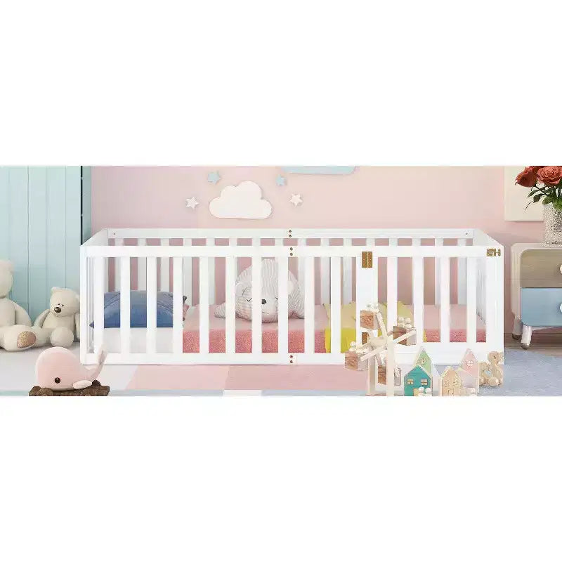 TUYOHW Twin Size Toddler Floor Bed for Kids,Modern Wood Montessori Bed with Heightened Safety Guardrails and Door for Bedroom