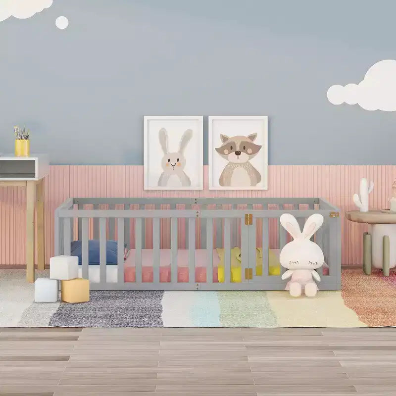 TUYOHW Twin Size Toddler Floor Bed for Kids,Modern Wood Montessori Bed with Heightened Safety Guardrails and Door for Bedroom
