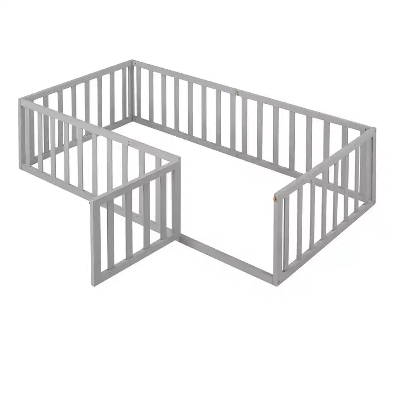 TUYOHW Twin Size Toddler Floor Bed for Kids,Modern Wood Montessori Bed with Heightened Safety Guardrails and Door for Bedroom