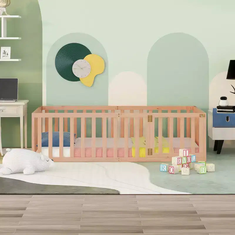 TUYOHW Twin Size Toddler Floor Bed for Kids,Modern Wood Montessori Bed with Heightened Safety Guardrails and Door for Bedroom