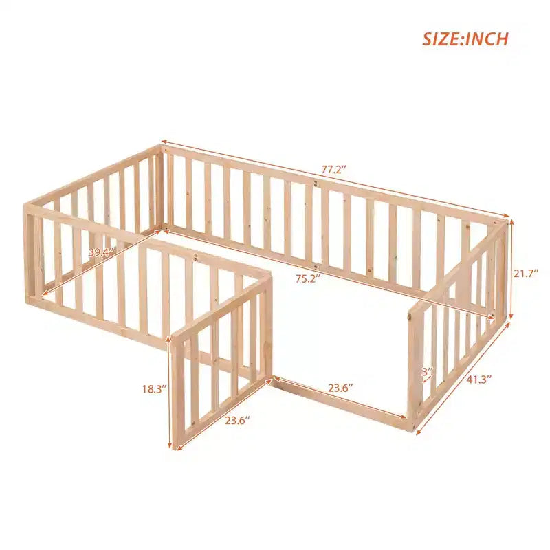 TUYOHW Twin Size Toddler Floor Bed for Kids,Modern Wood Montessori Bed with Heightened Safety Guardrails and Door for Bedroom