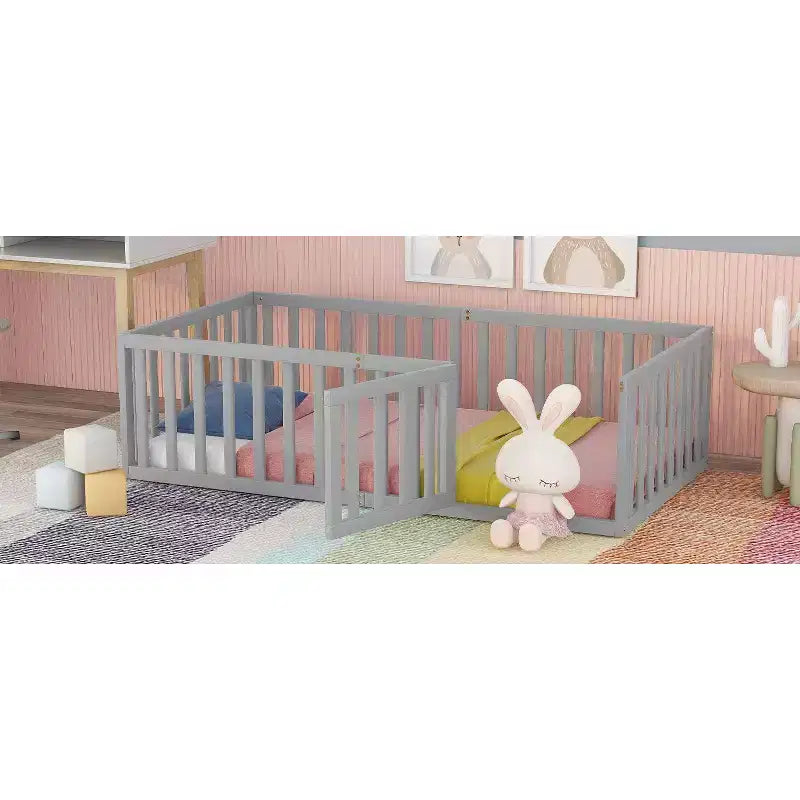 TUYOHW Twin Size Toddler Floor Bed for Kids,Modern Wood Montessori Bed with Heightened Safety Guardrails and Door for Bedroom