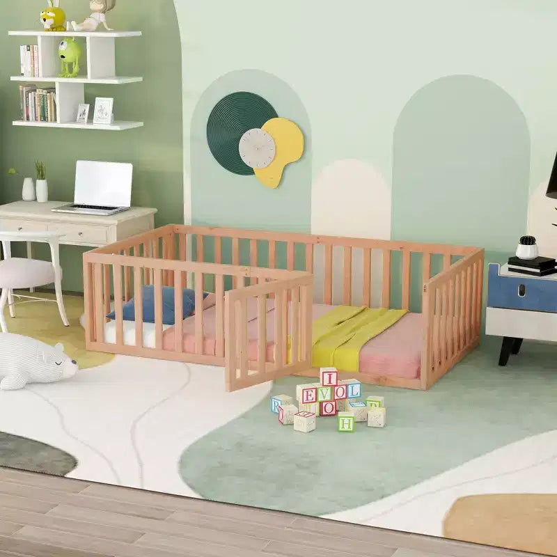 TUYOHW Twin Size Toddler Floor Bed for Kids,Modern Wood Montessori Bed with Heightened Safety Guardrails and Door for Bedroom