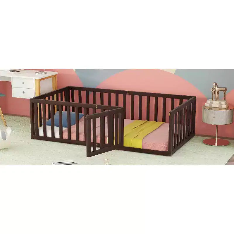 TUYOHW Twin Size Toddler Floor Bed for Kids,Modern Wood Montessori Bed with Heightened Safety Guardrails and Door for Bedroom